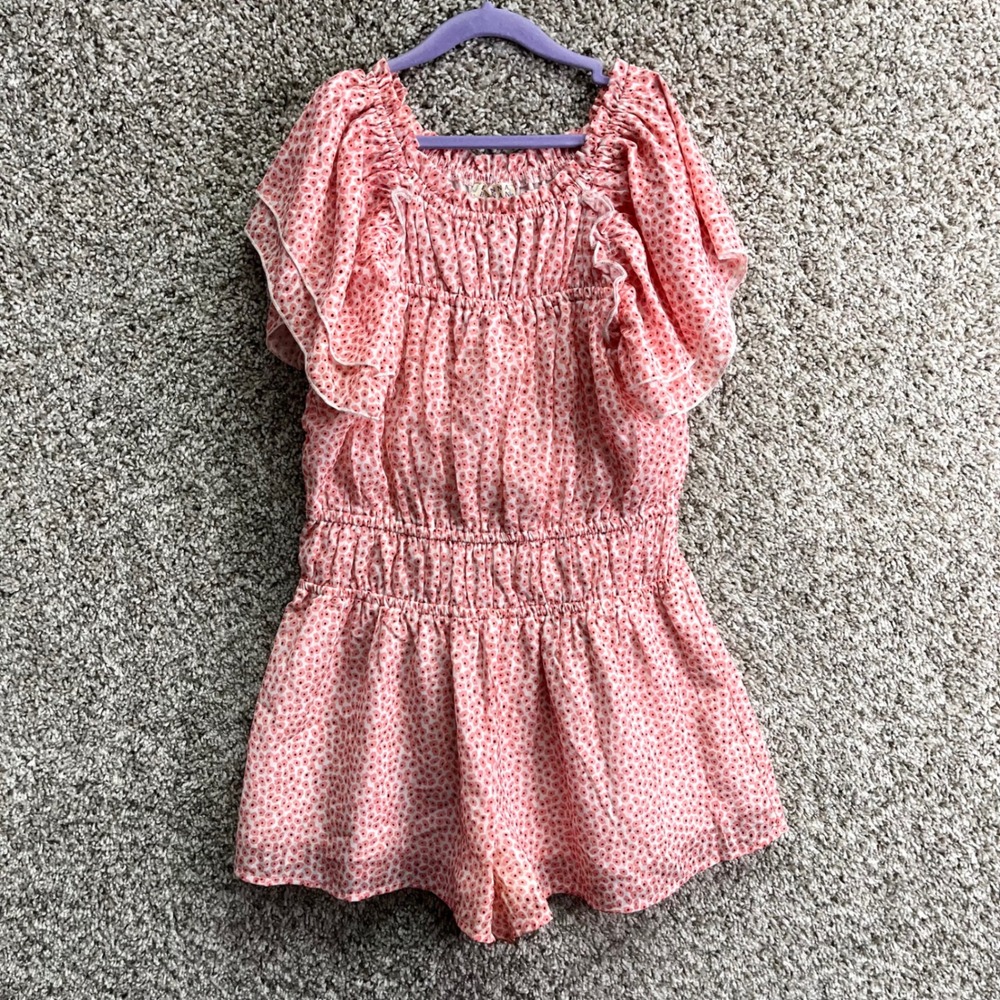 Hanna‎ Banana Romper Girls 12 Pink Floral Print Short Flutter Sleeve Smocked